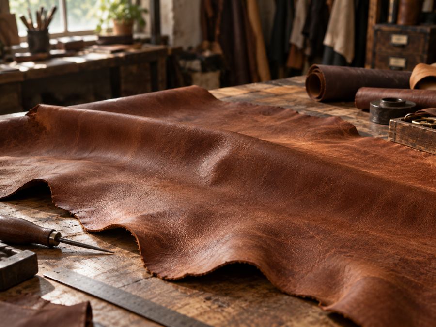 Natural brown leather hide on a workbench in a traditional leather workshop