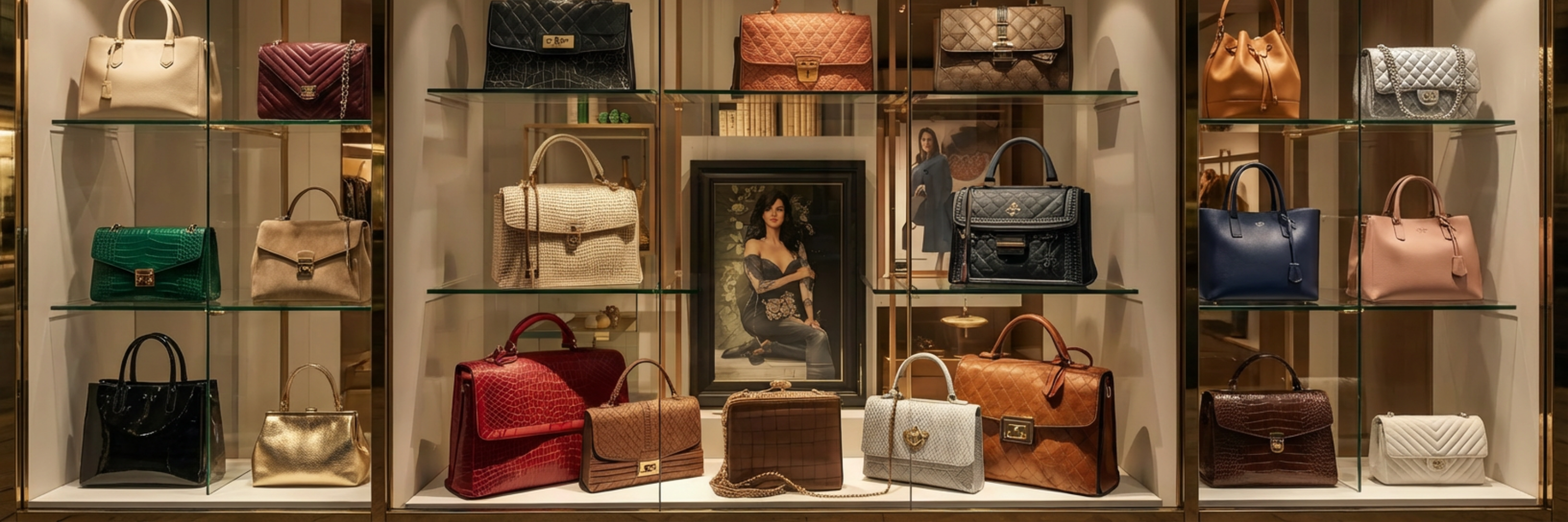 A stylish collage of fashion-forward women holding handbags, posing elegantly in a modern setting. Showcasing luxury handbags for trendy and chic looks