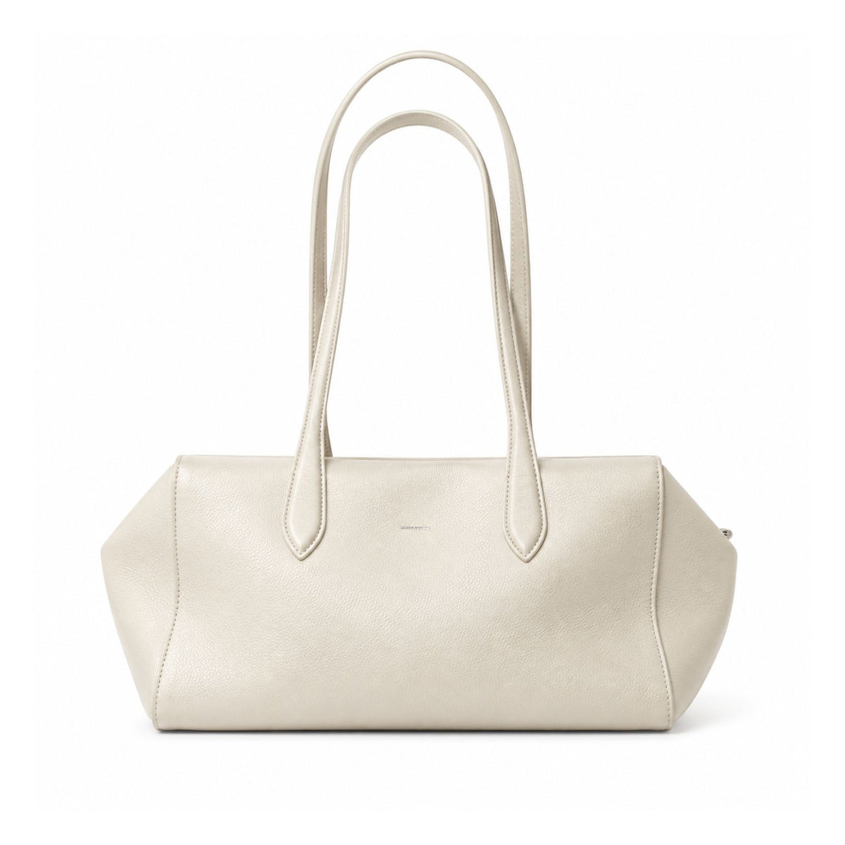 A light beige leather shoulder bag with dual top handles, photographed against a clean white background.