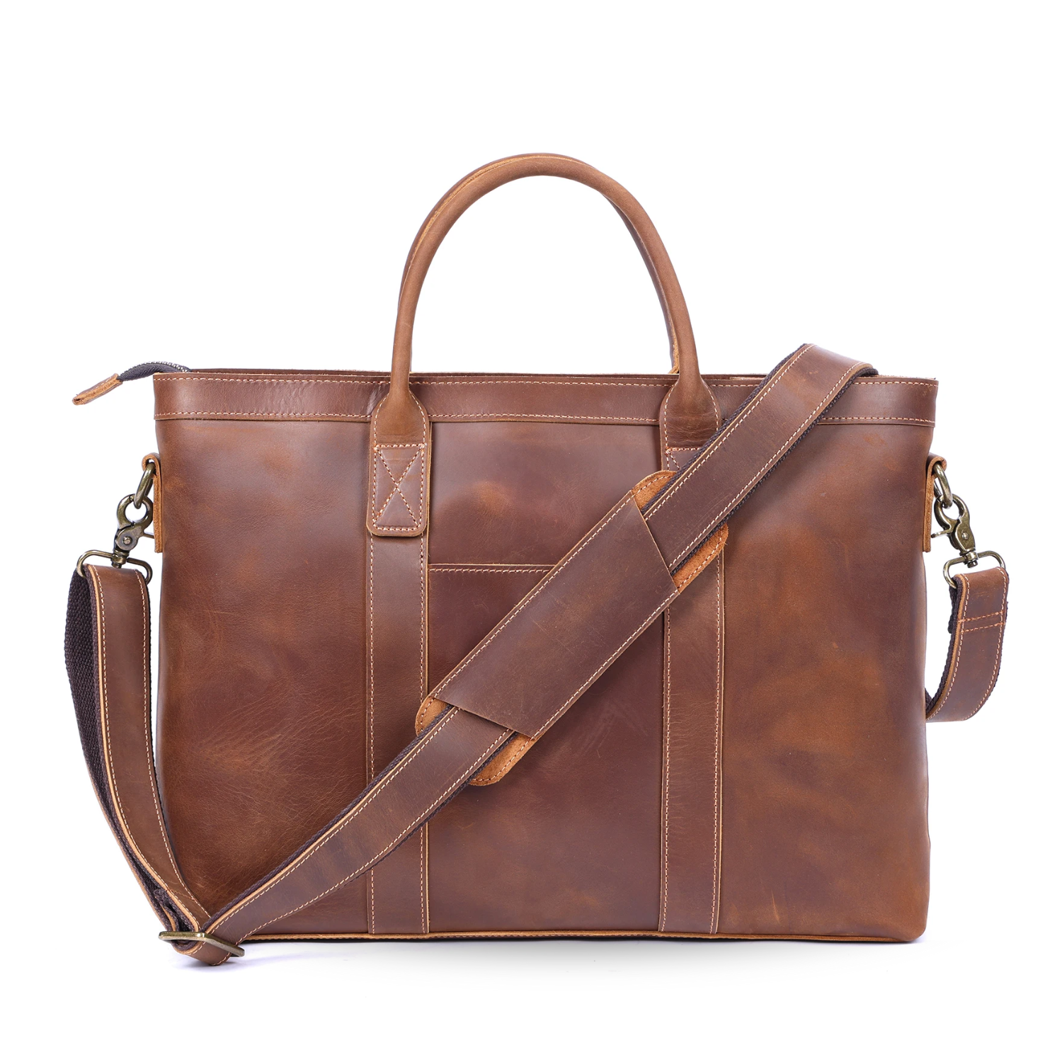 Brown leather briefcase with shoulder strap on a white background
