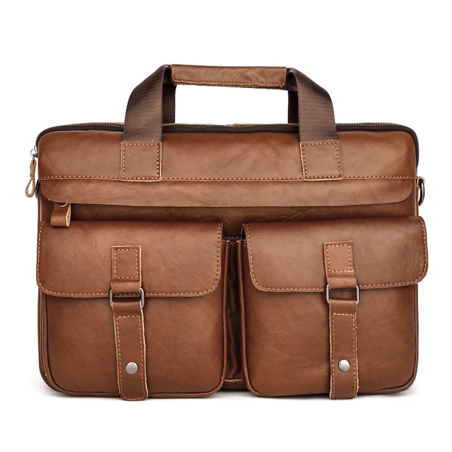 Brown leather briefcase on a white background