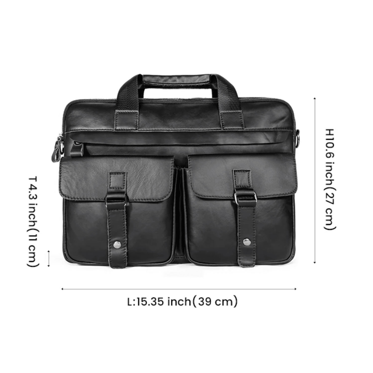 Black leather briefcase with measurements on a white background