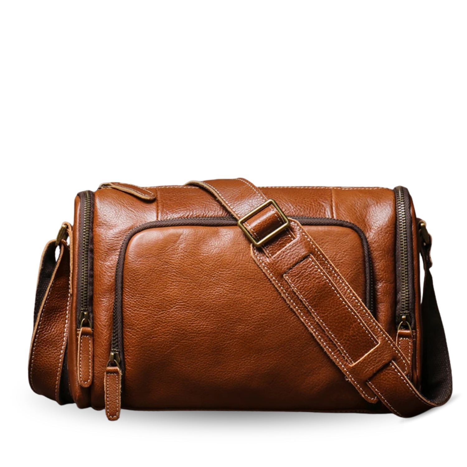 Brown leather bag with a shoulder strap on a white background