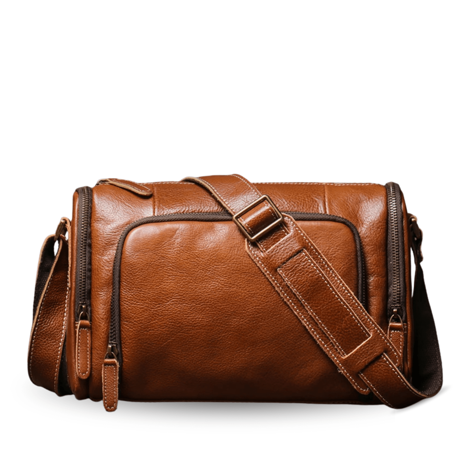 Brown leather bag with a shoulder strap on a white background