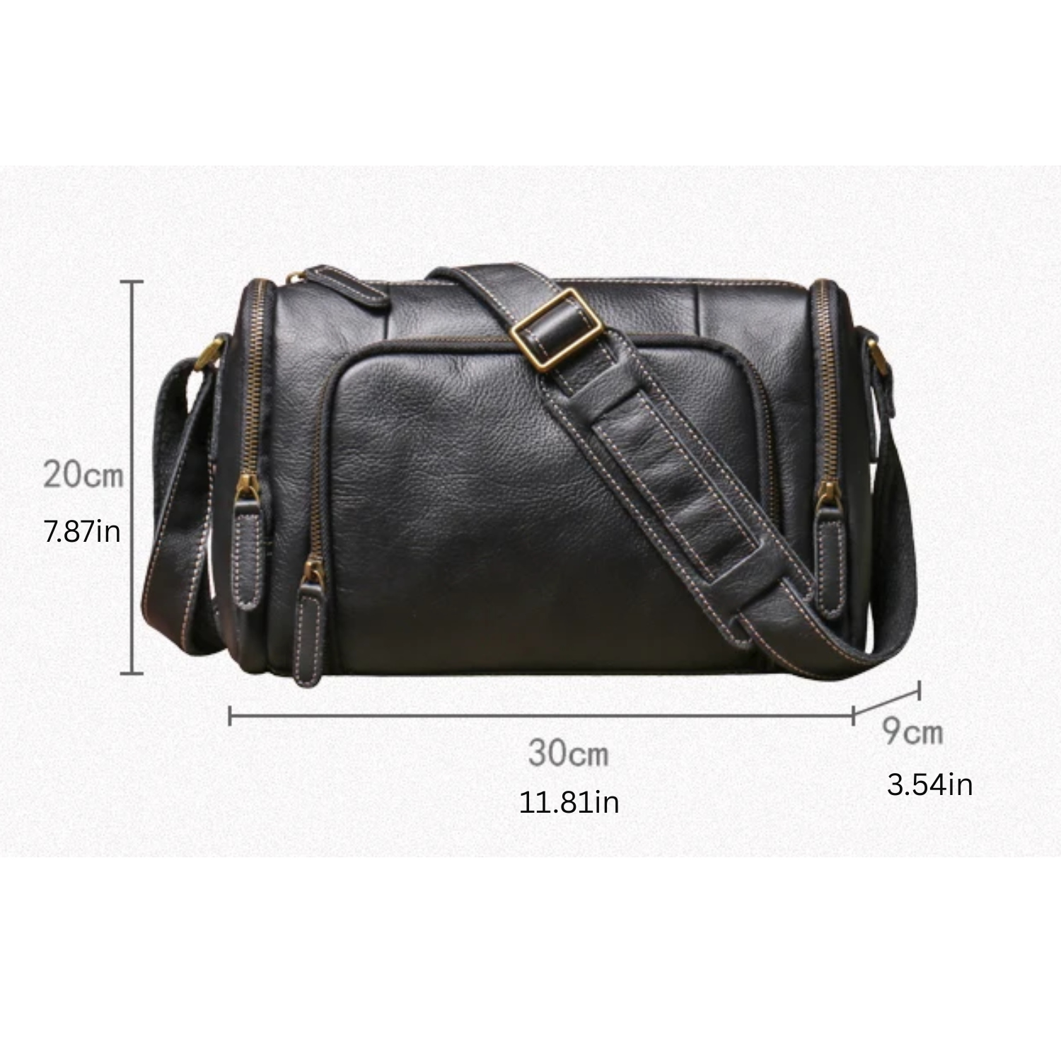 Black leather bag with measurements on a white background