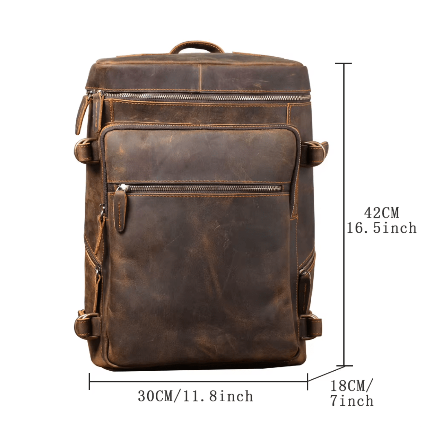 Brown leather backpack with dimensions on a white background