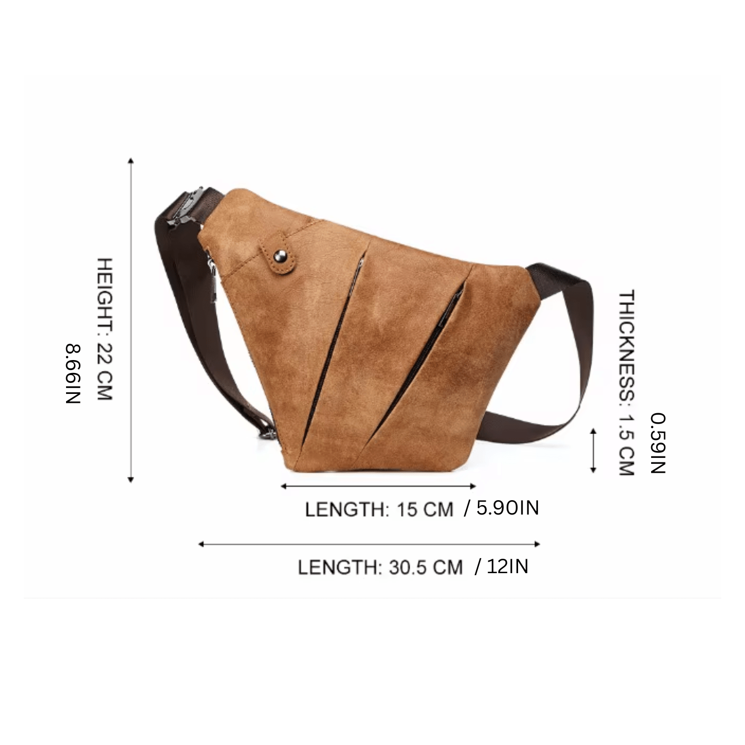 Brown sling bag with measurements on a white background