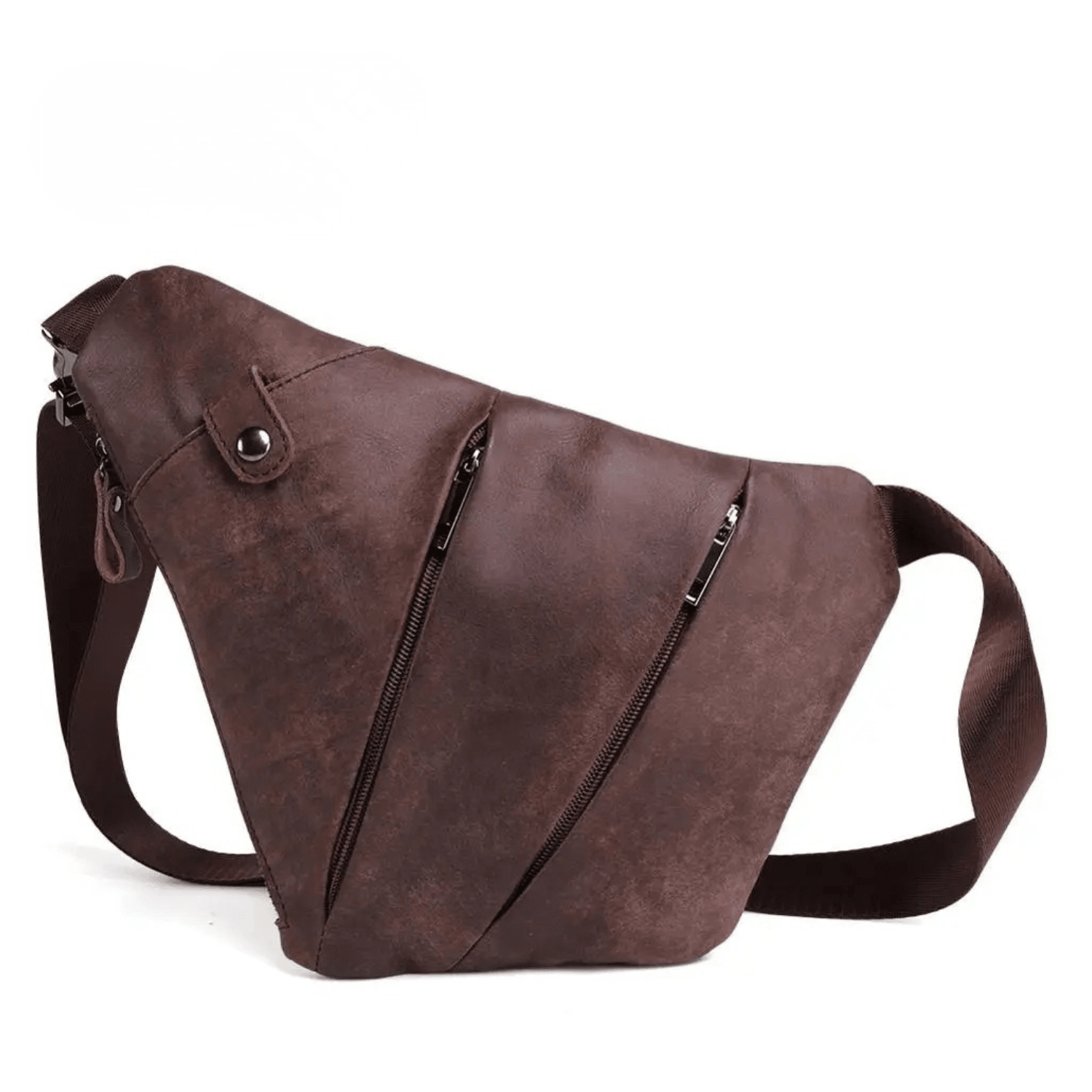Brown leather sling bag on a white background