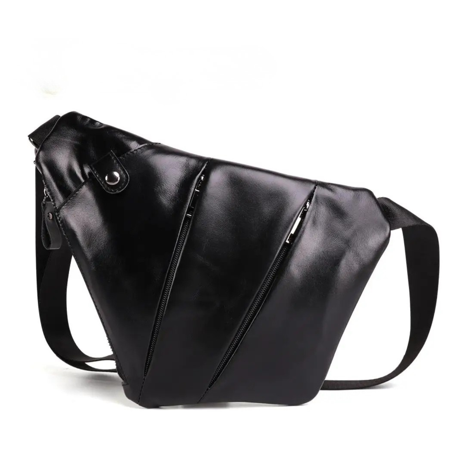 Black leather shoulder bag on a white background