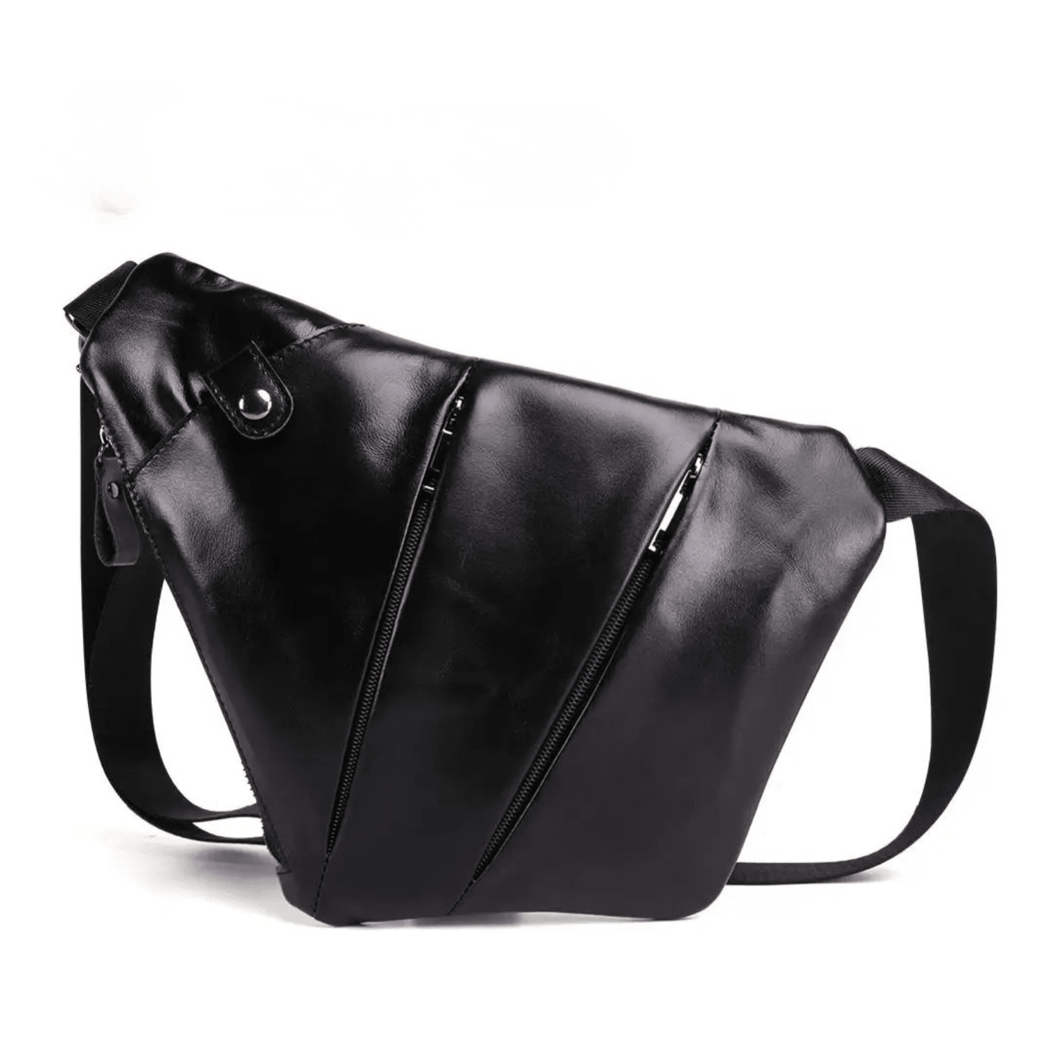 Black leather shoulder bag on a white background