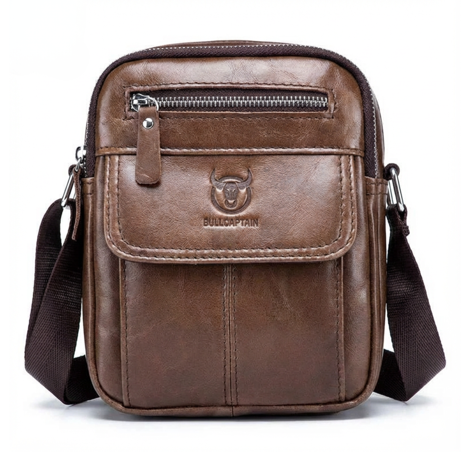 Brown leather crossbody bag with visible brand logo on a white background