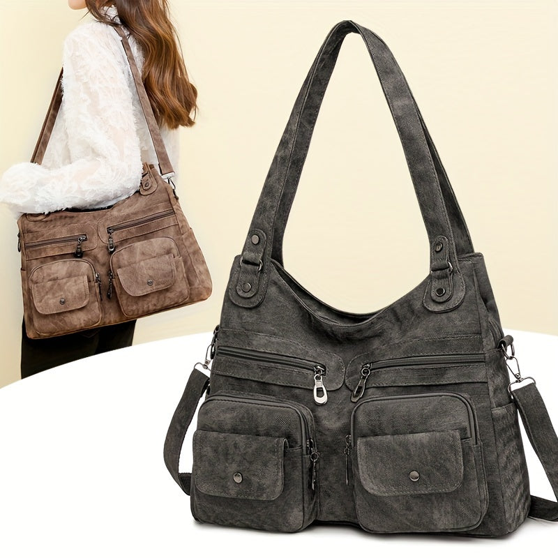 1pc Vintage Style Women's Shoulder Bag with Dual Main Compartments, Faux Leather, Removable Strap, Zip Closure, Polyester Lining, Solid Pattern, for Various Occasions - Available in Black, Beige, Khaki, Grey, Blue
