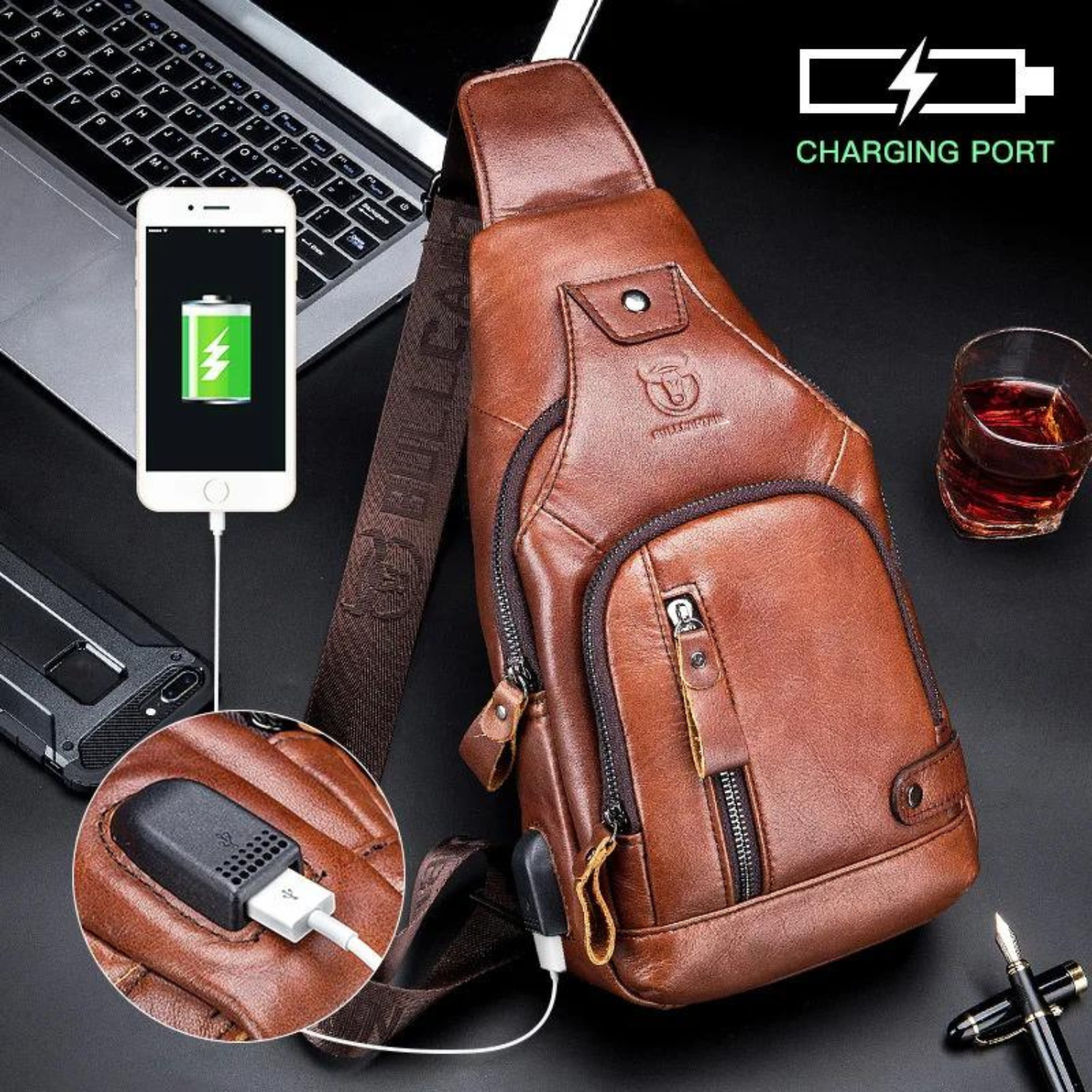 Rustikale Brusttasche aus Rindsleder mit USB-Ladefunktion