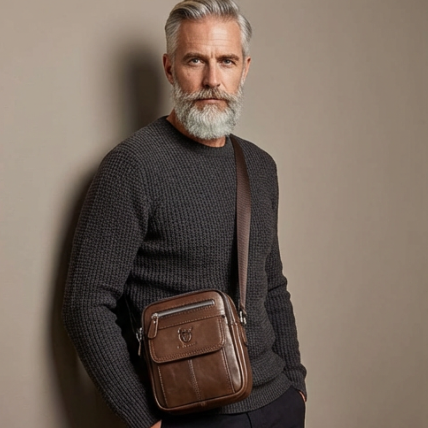 Man holding a brown leather bag against a beige background