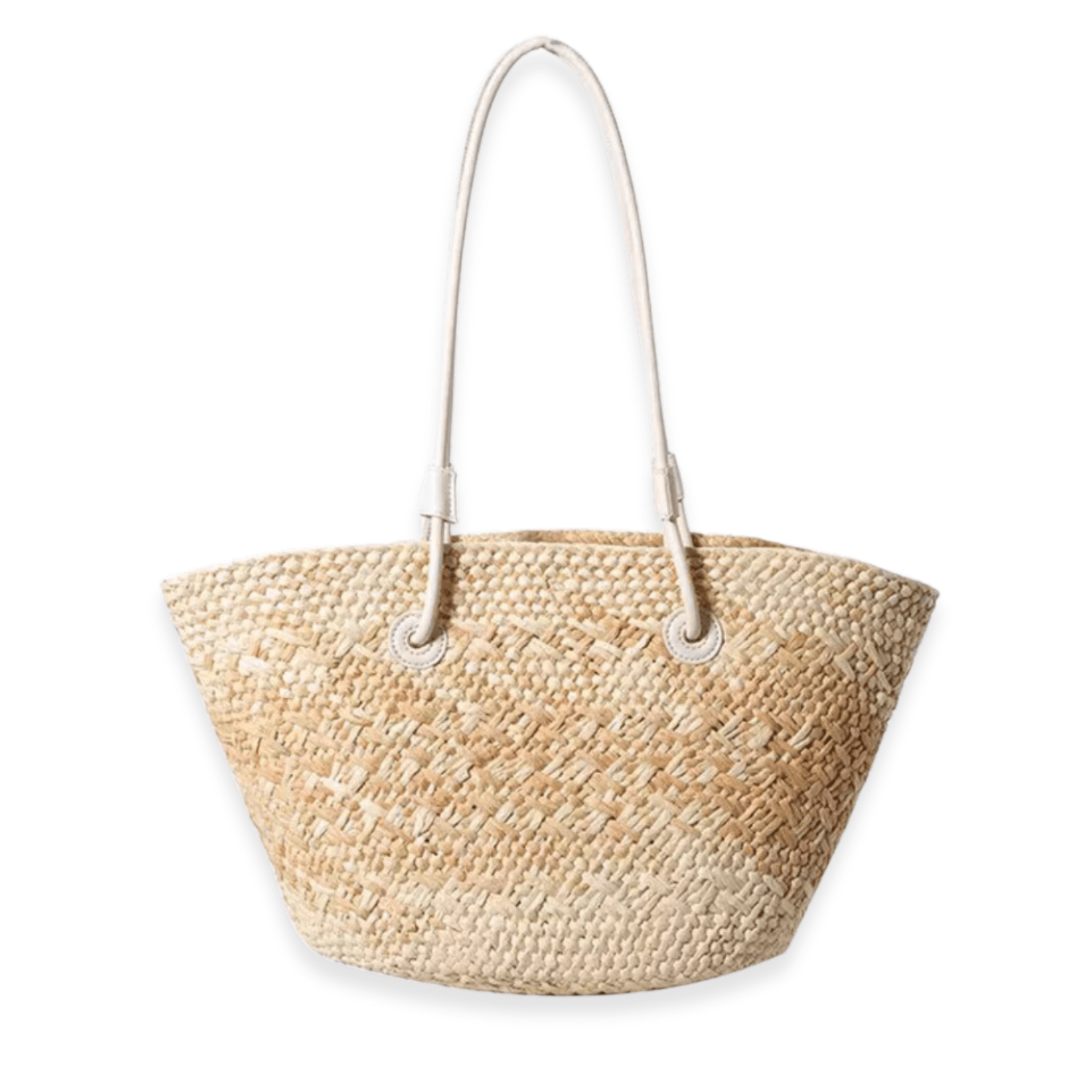 Woven straw tote bag with a white handle on a white background
