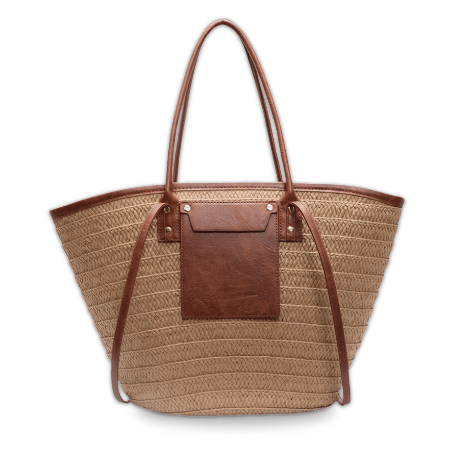 Brown woven tote bag with leather accents on a white background