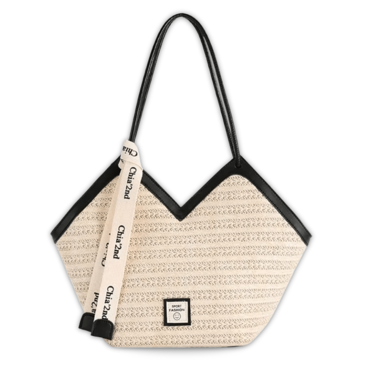 Beige tote bag with black accents and a strap on a white background