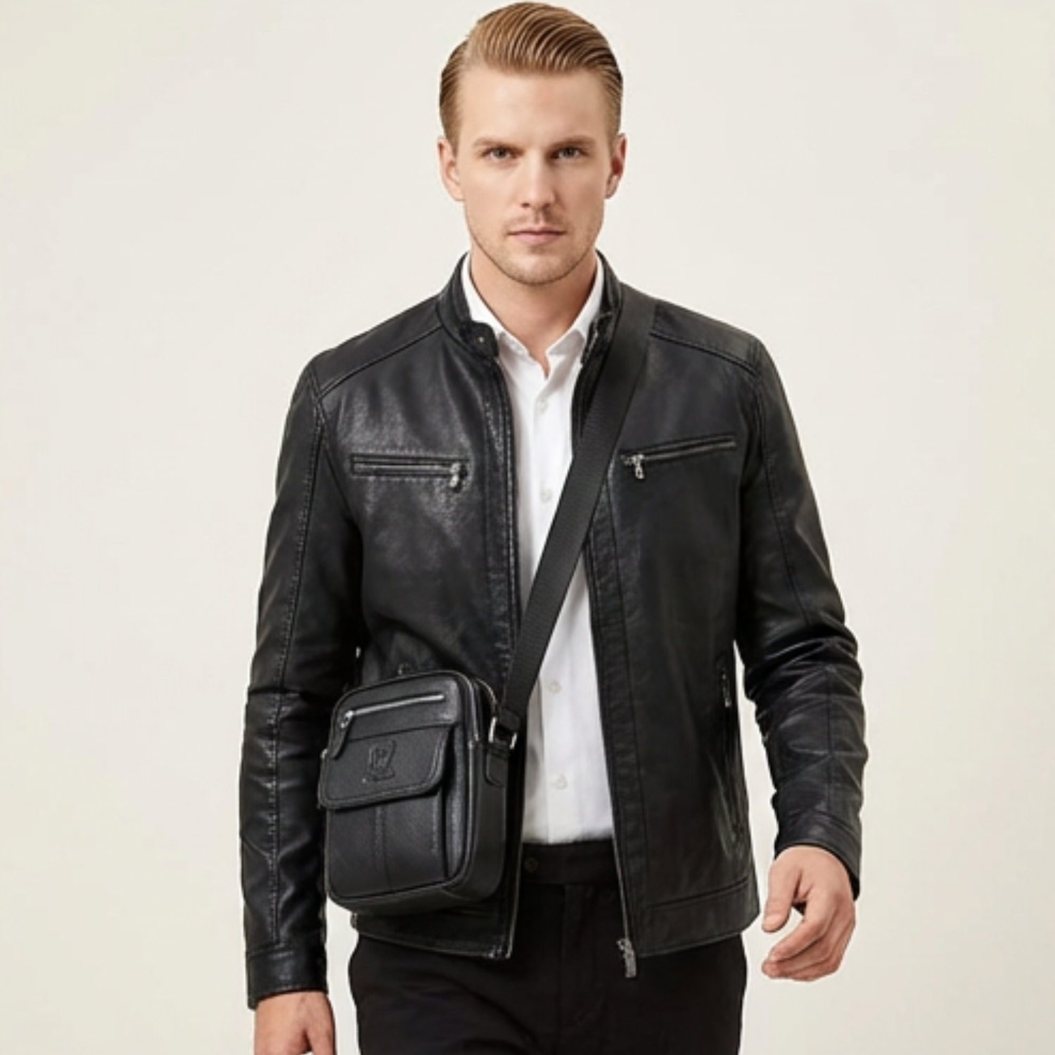 Man wearing a black leather jacket with a matching bag on a light background