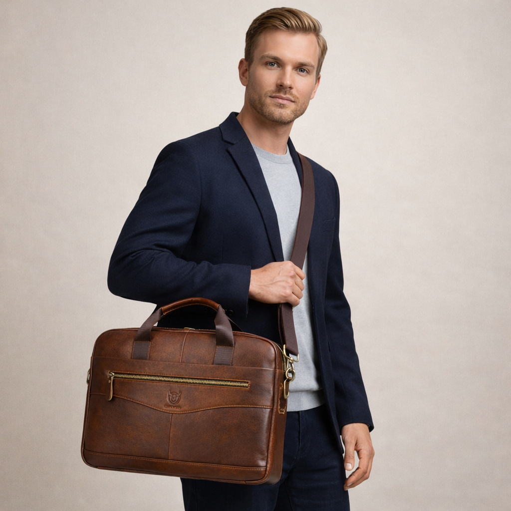 Man holding a brown leather briefcase against a neutral background