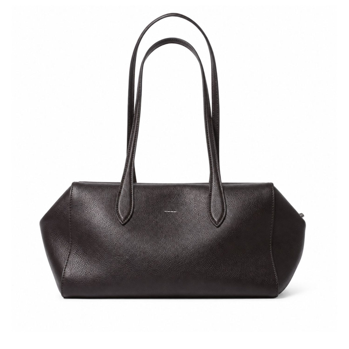 A black pebbled leather handbag with dual shoulder straps, photographed against a clean white background.
