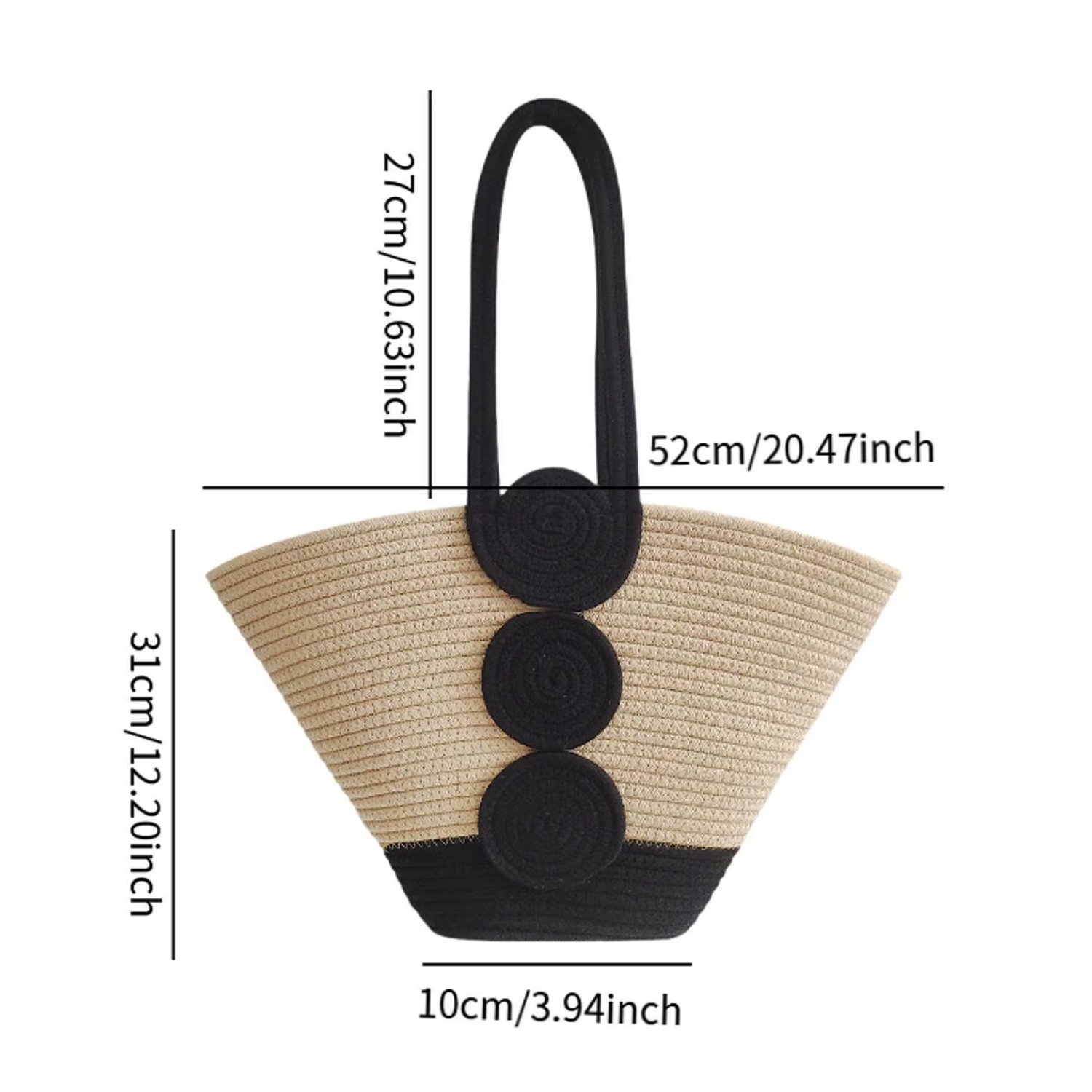 Woven handbag with black accents and measurements on a white background