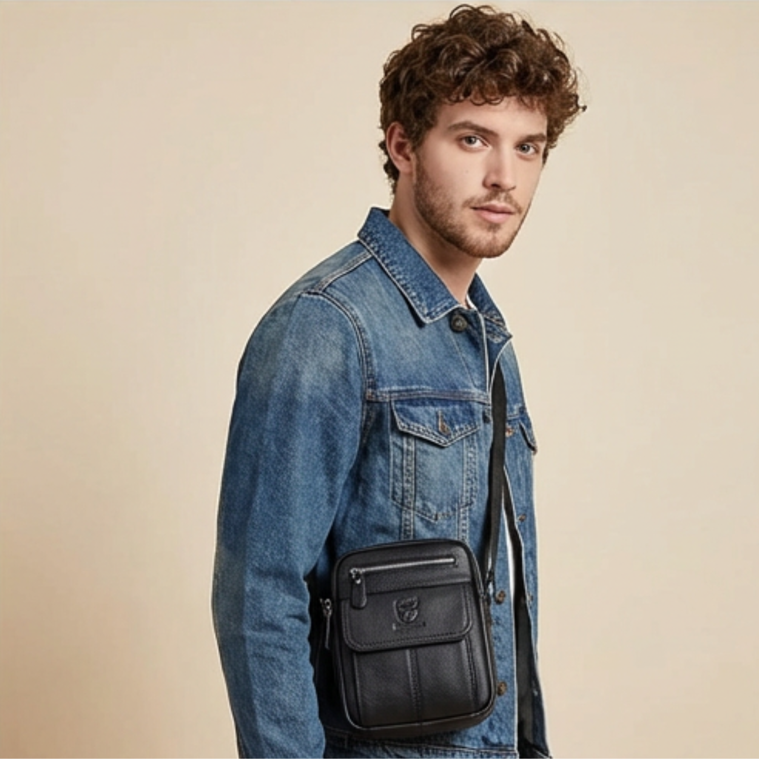 Man wearing a denim jacket with a black leather bag on a beige background