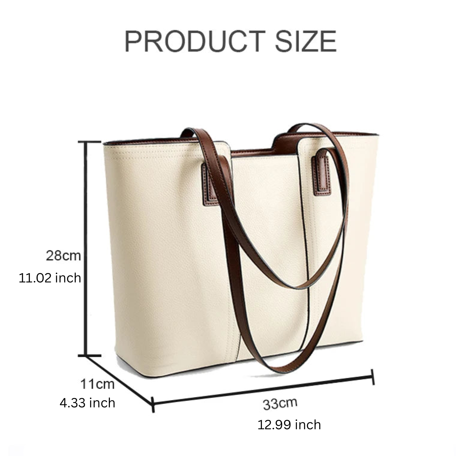 Beige tote bag with brown handles and dimensions labeled on a white background