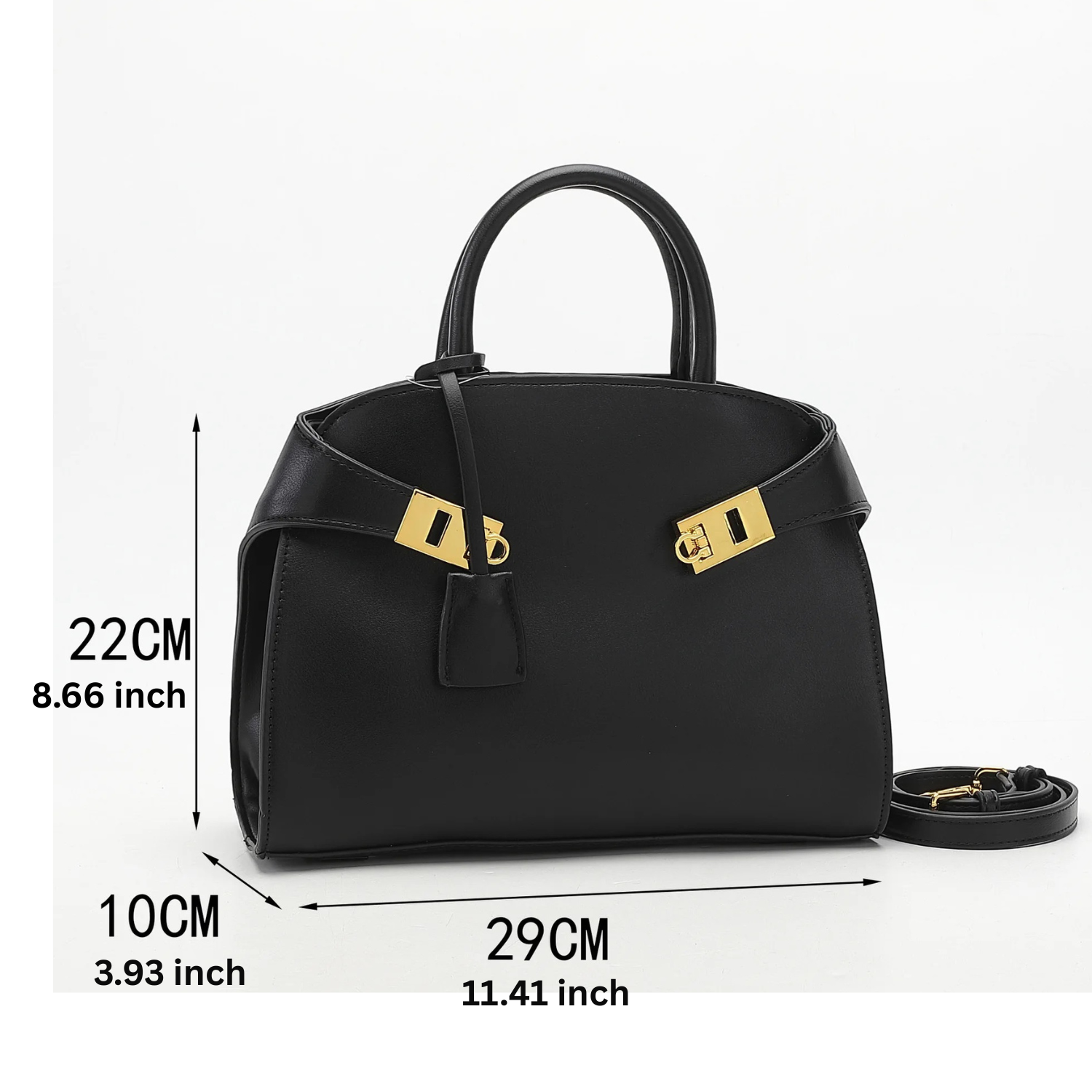 Black handbag with gold hardware and measurements on a white background