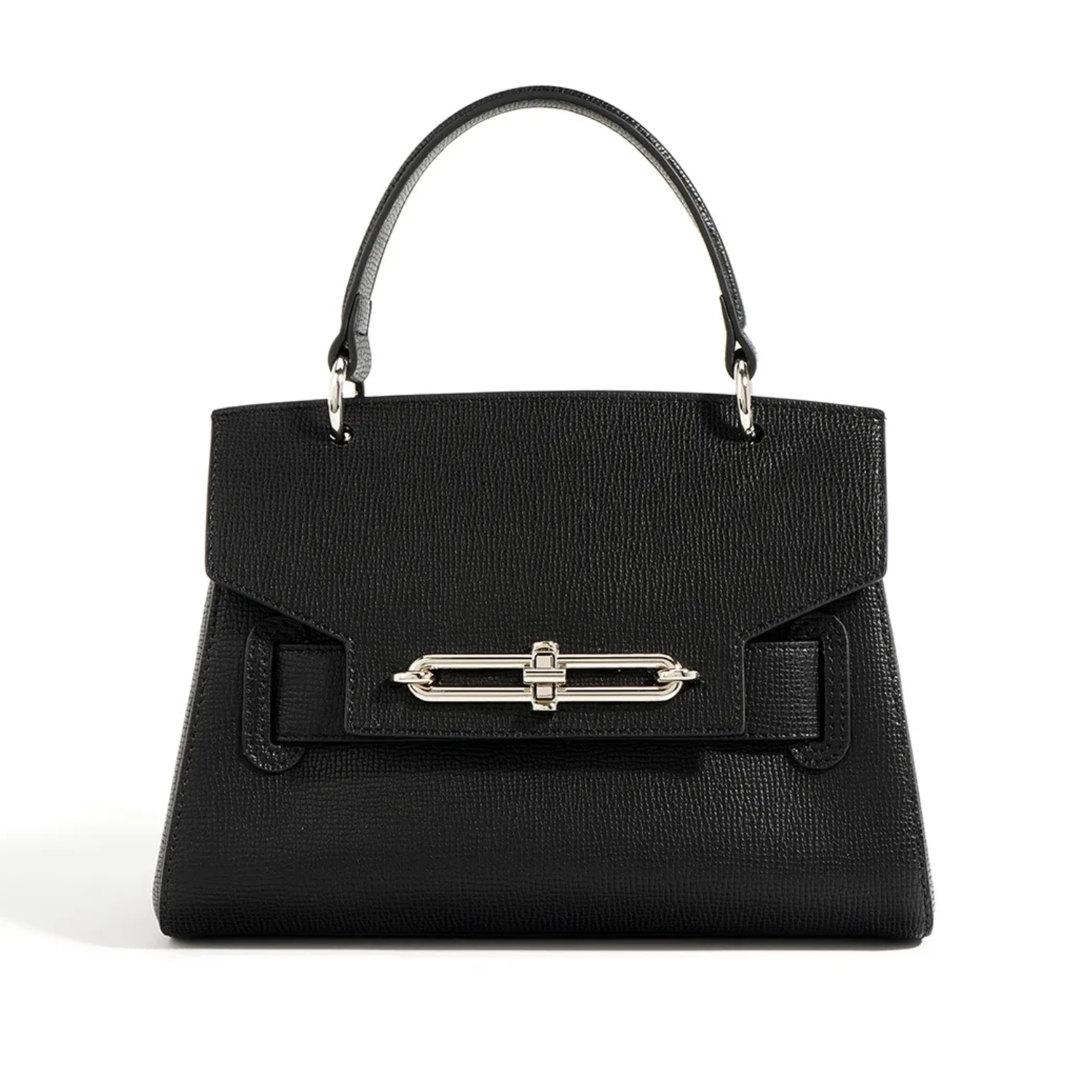 Black handbag with a silver clasp on a white background