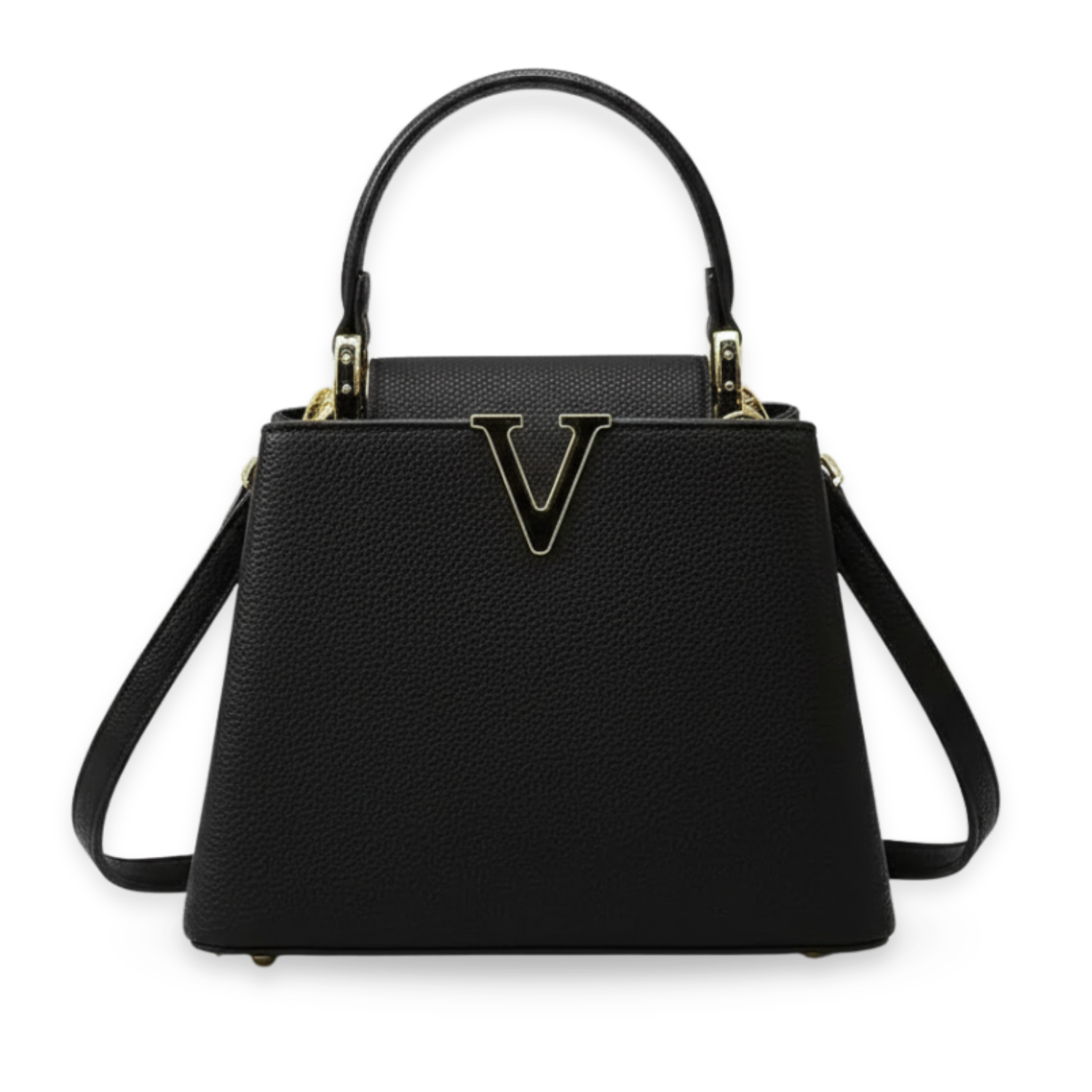 Black handbag with a gold logo on a white background