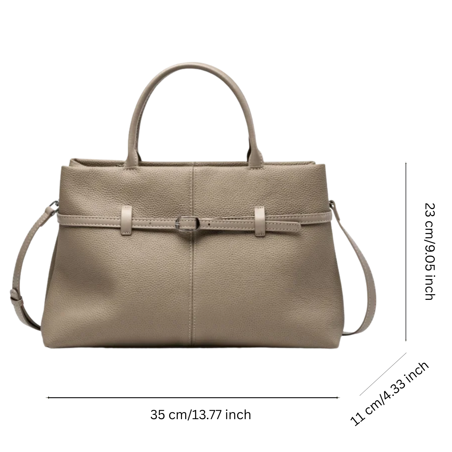 Beige handbag with measurements on a white background