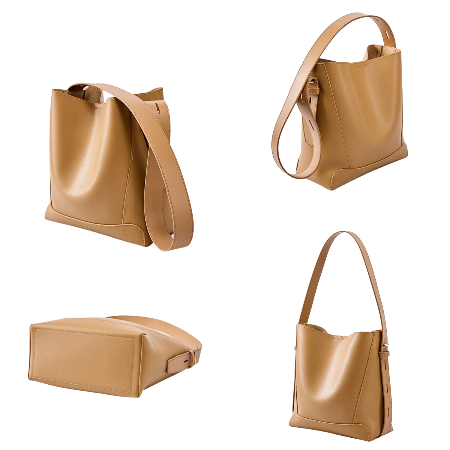 Set of tan handbags from different angles on a white background