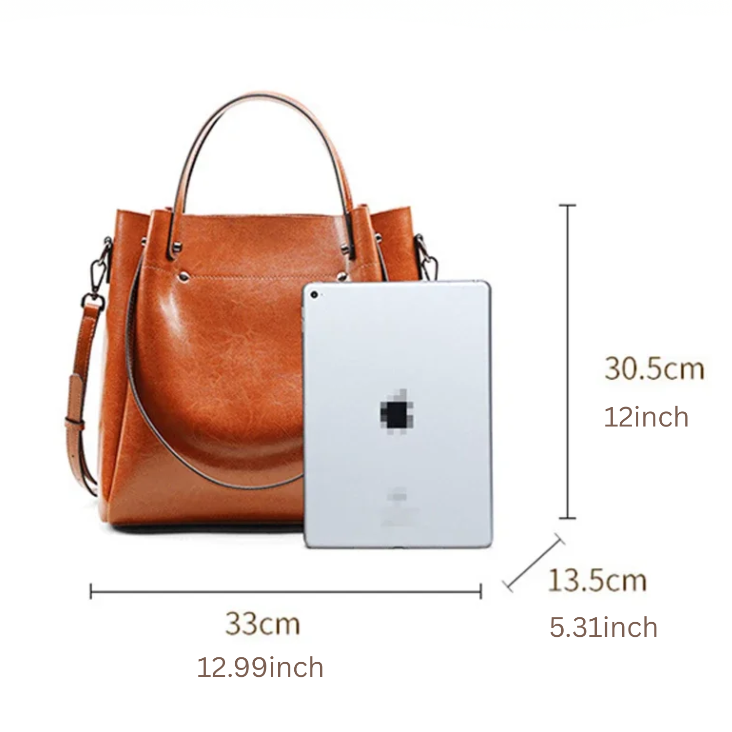Brown handbag with dimensions indicated by a white tablet