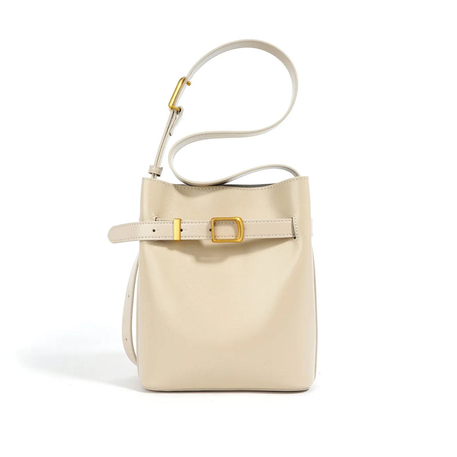 Beige handbag with a gold buckle on a white background