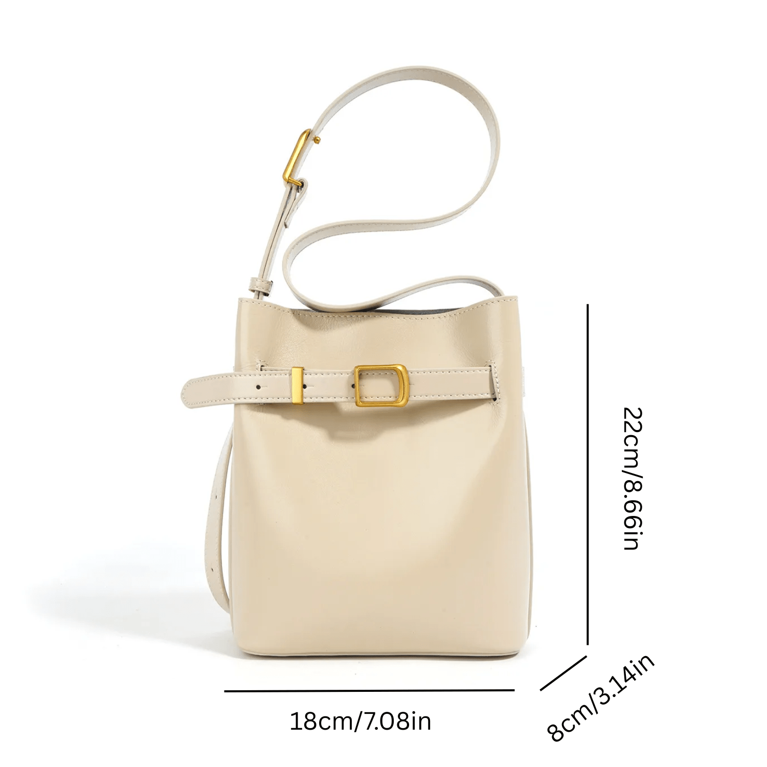 Beige handbag with a strap and gold buckle, shown with dimensions on a white background.