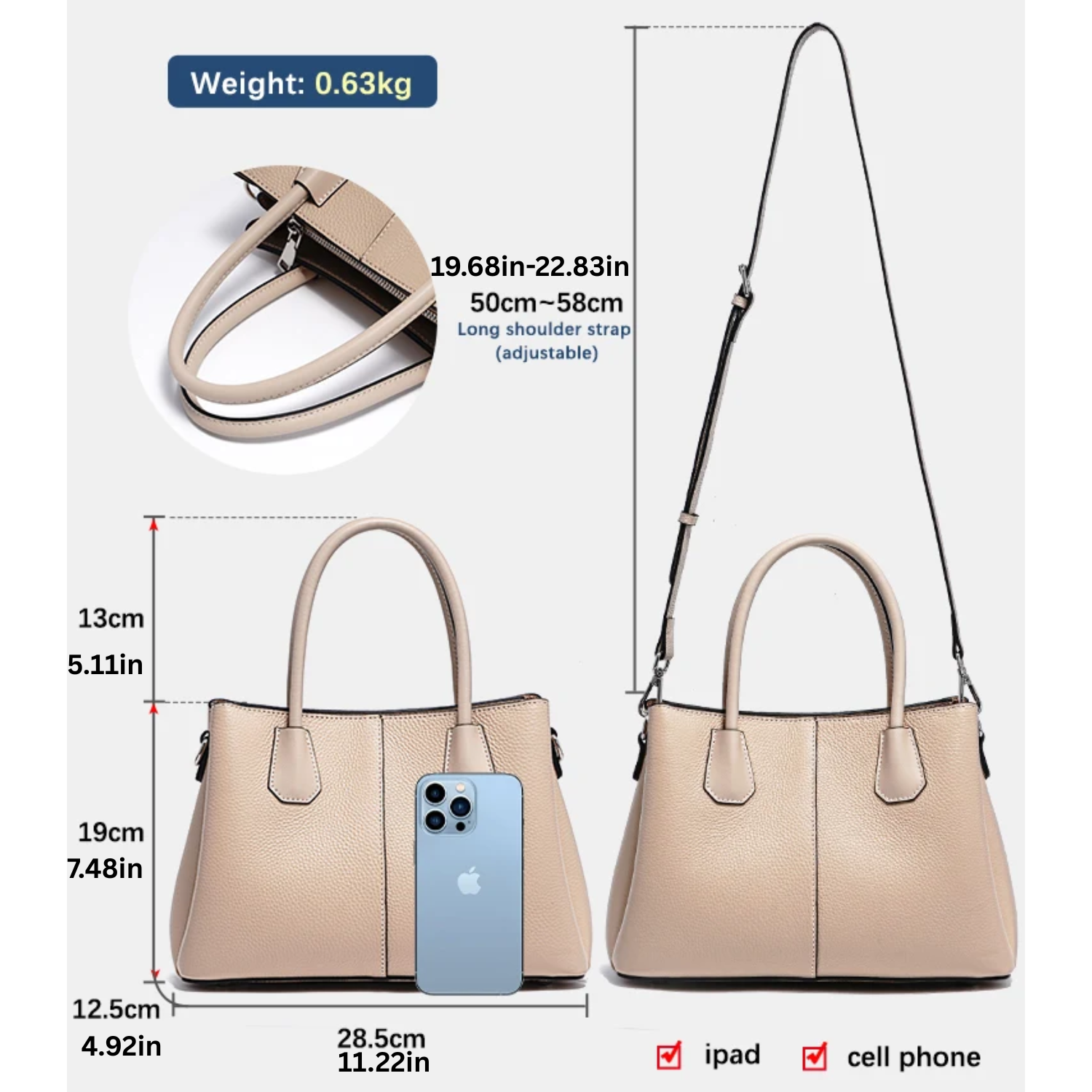 Beige handbag with measurements and product dimensions on a white background
