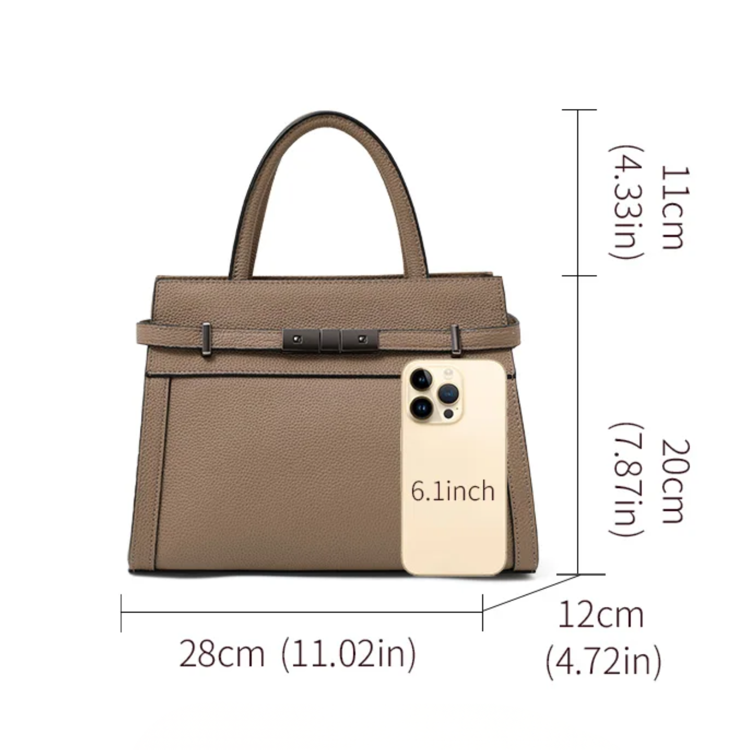 Brown handbag with dimensions indicated by an iPhone for scale on a white background
