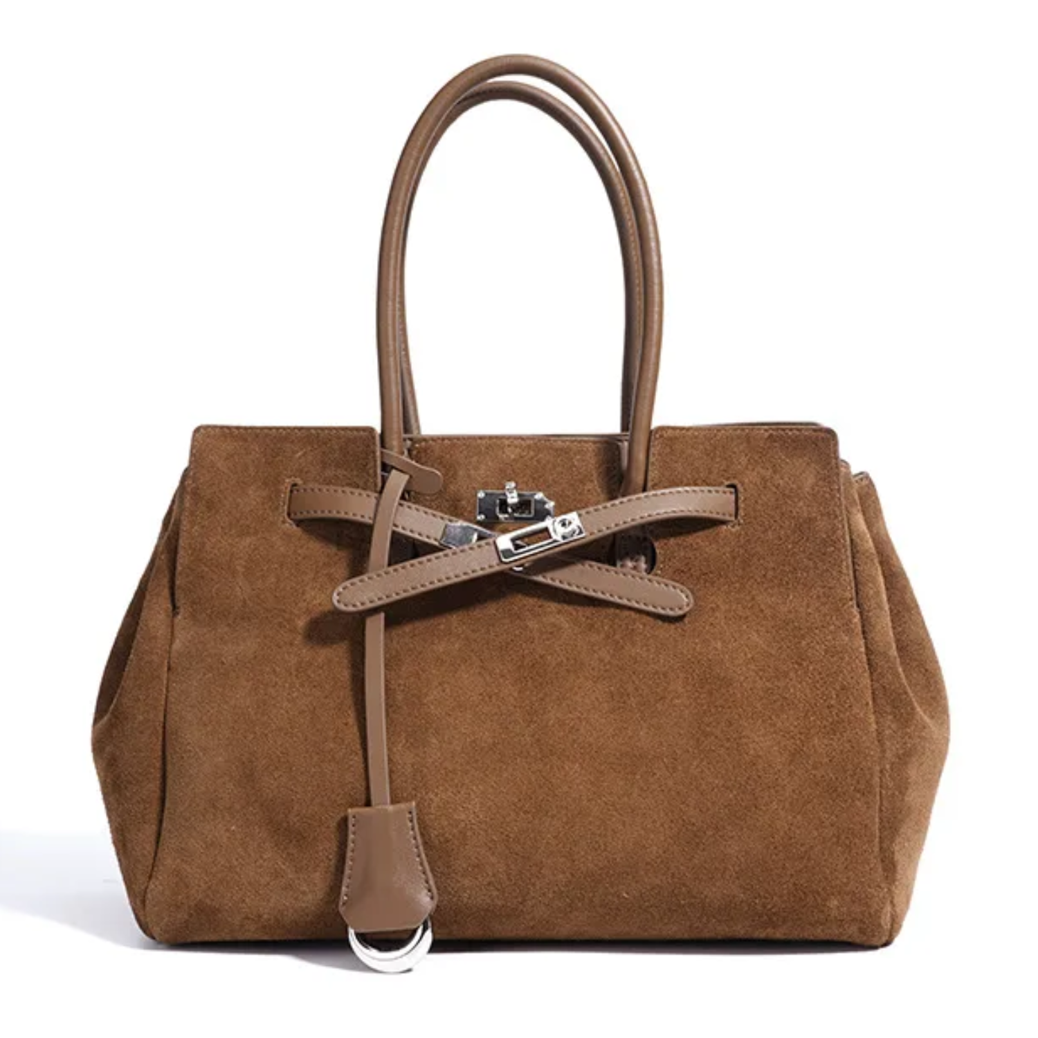Brown handbag with a silver buckle on a white background