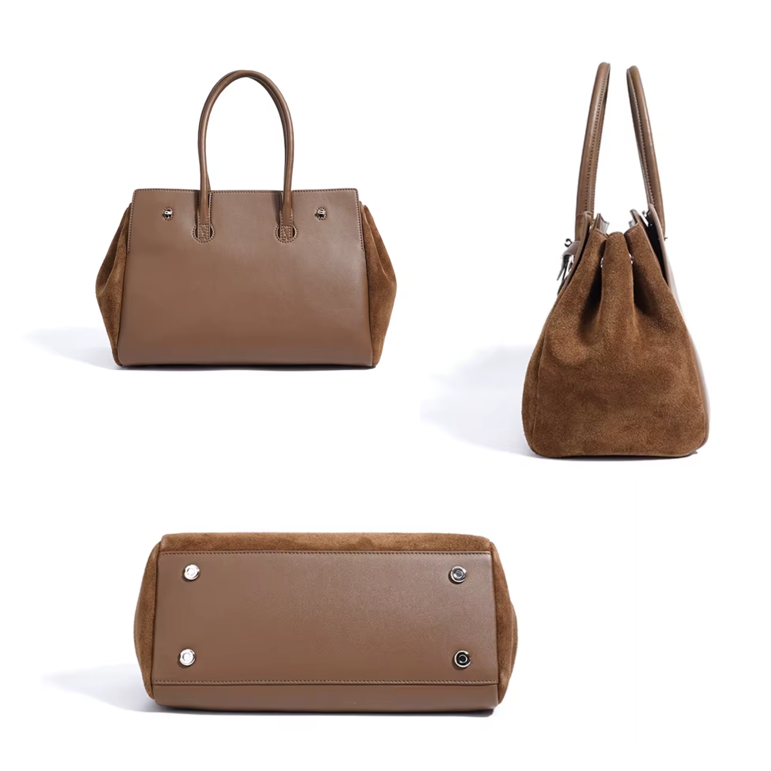 brown suede and leather tote bag shown from front side and bottom angles