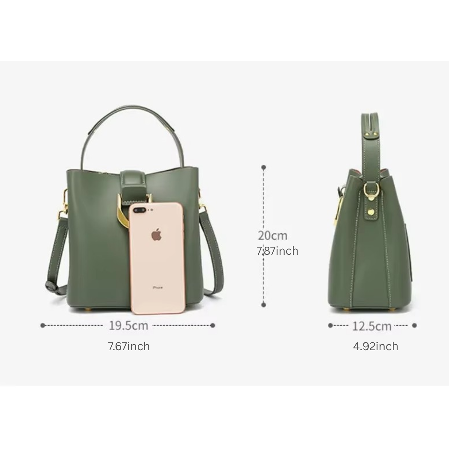 Green handbag with measurements and an iPhone 8 Plus for scale on a white background
