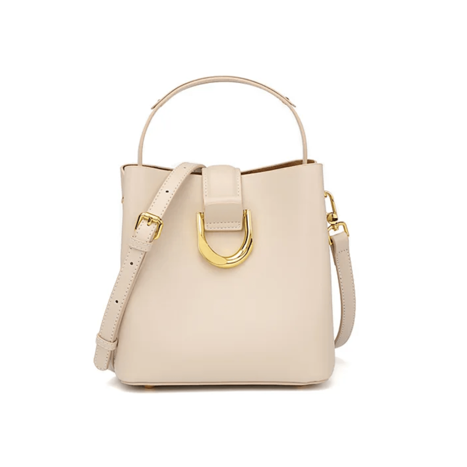 Beige handbag with gold accents on a white background