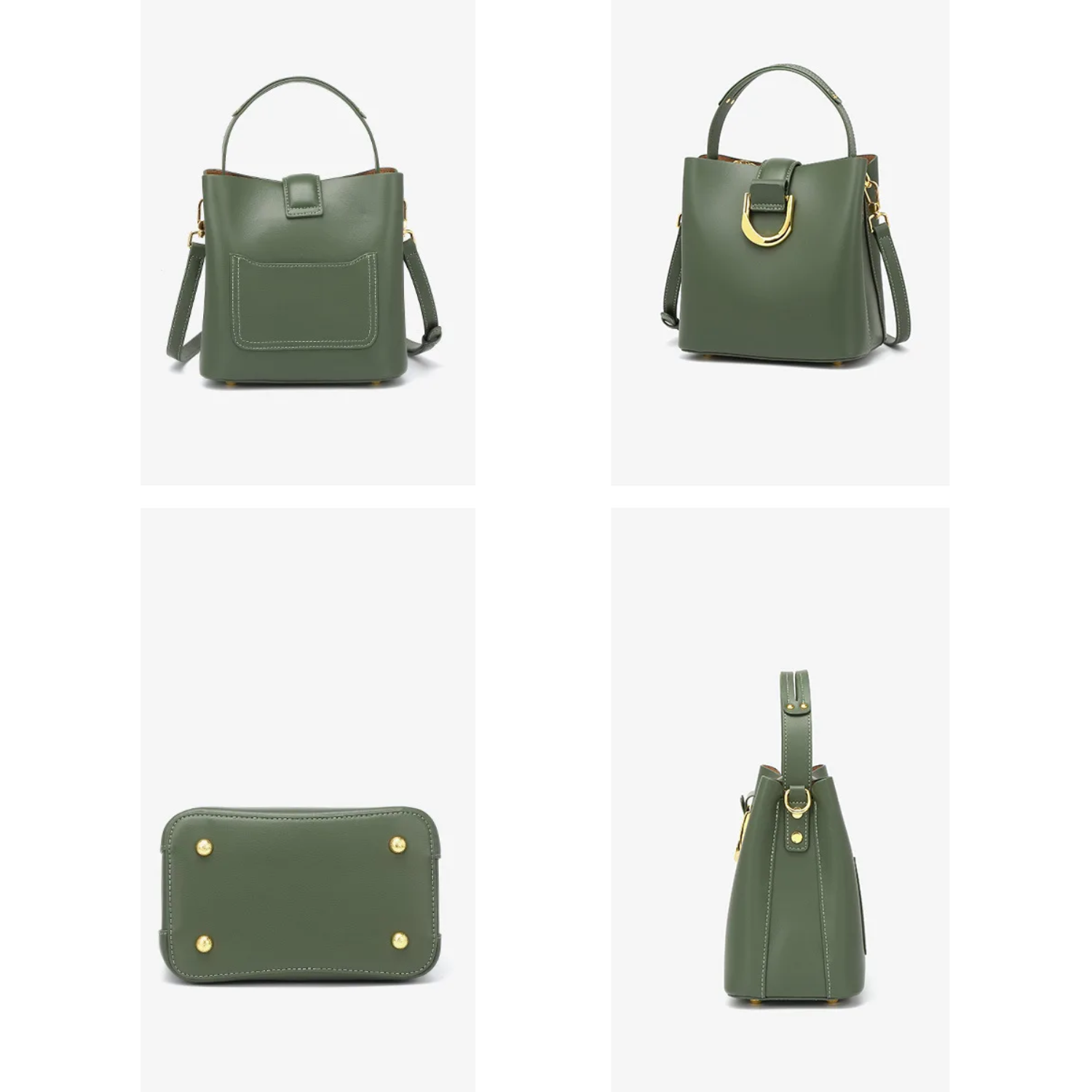 Green handbag with gold accents on a white background