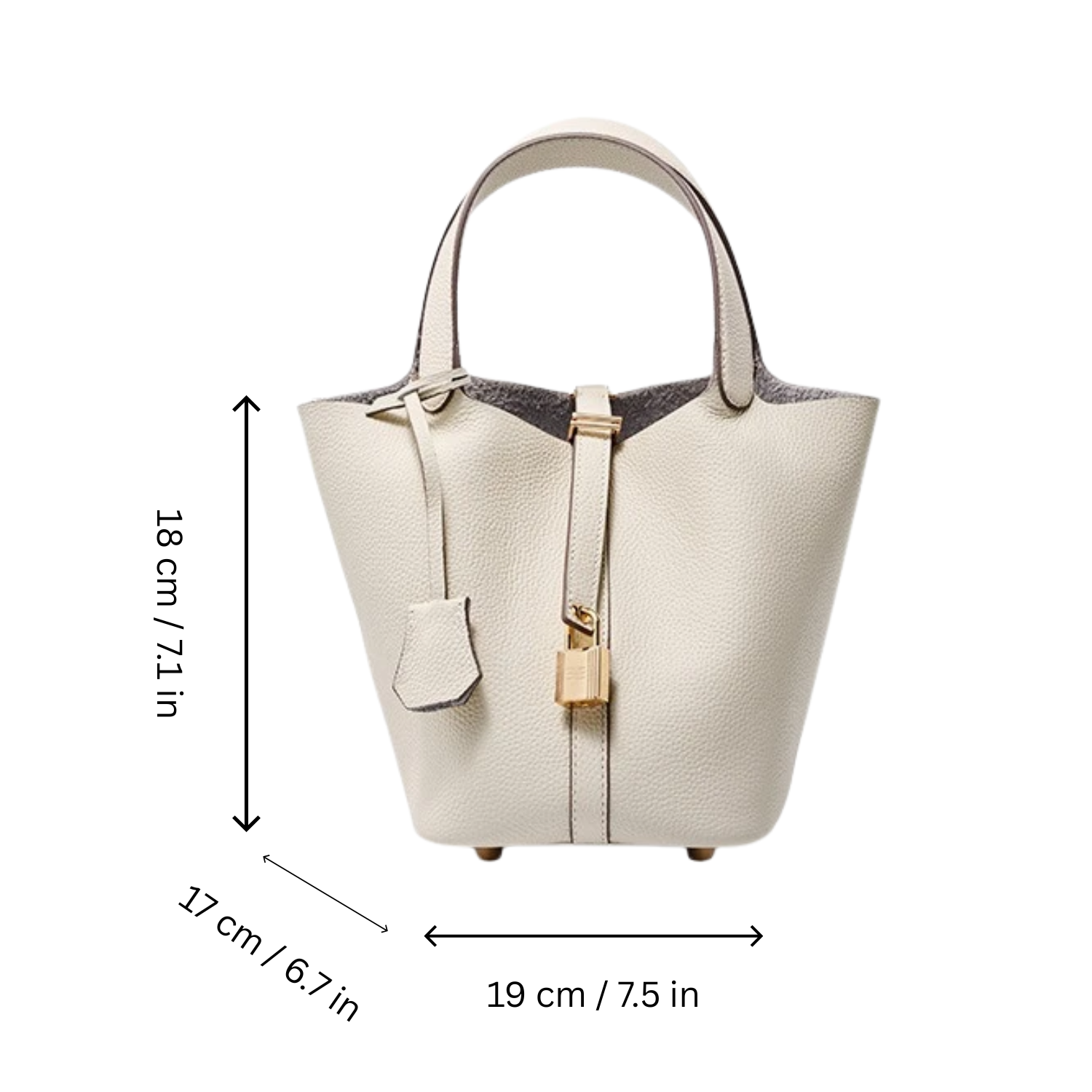 Beige handbag with gold lock and measurements on a white background