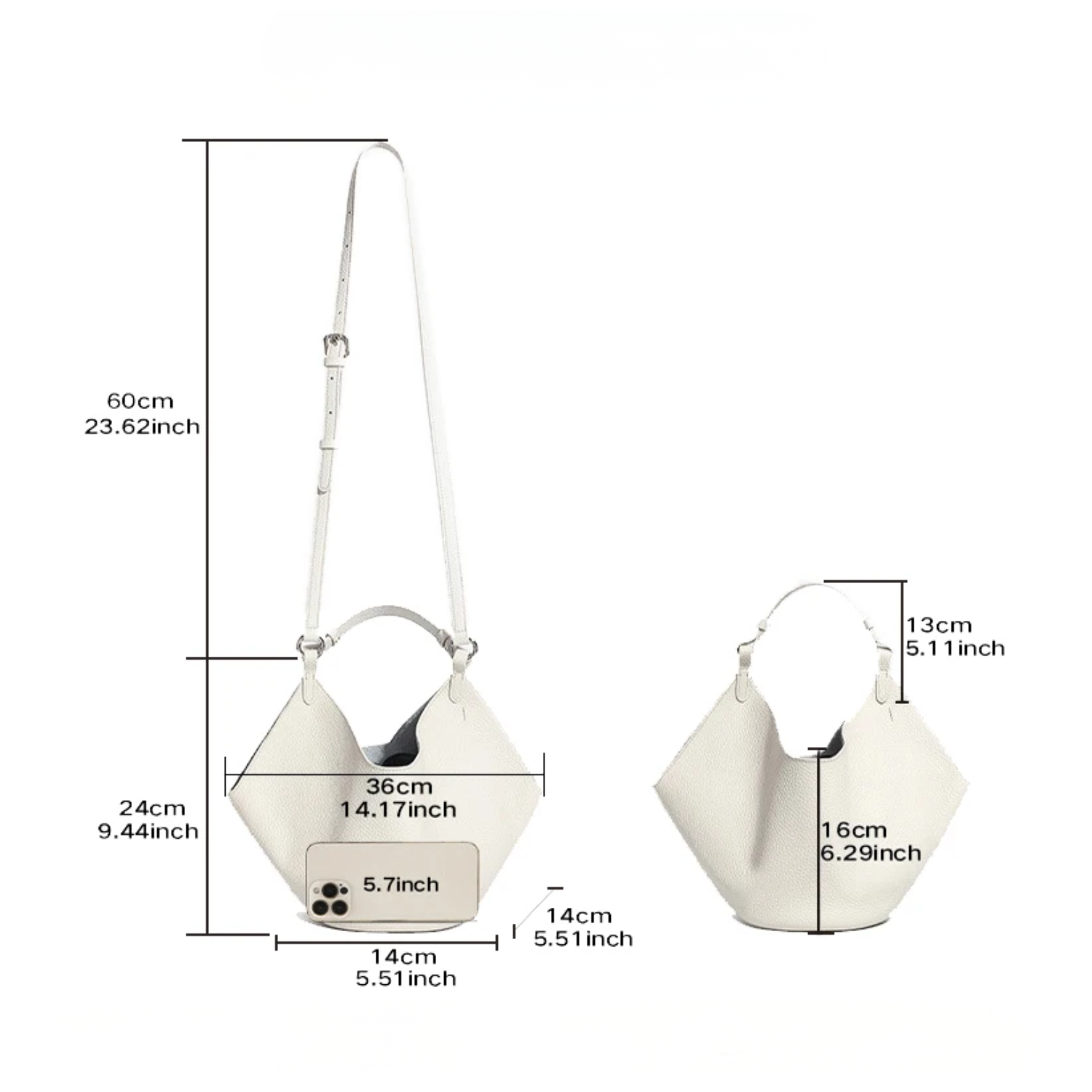 White handbag with dimensions labeled on a white background