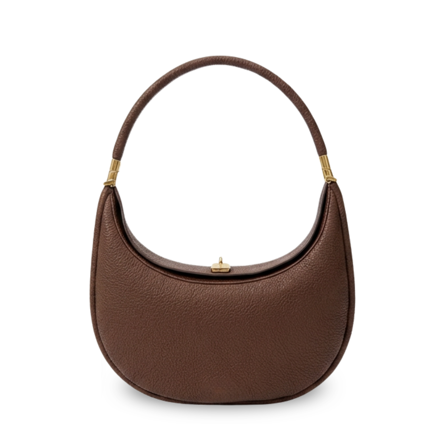 Brown handbag with gold hardware on a white background