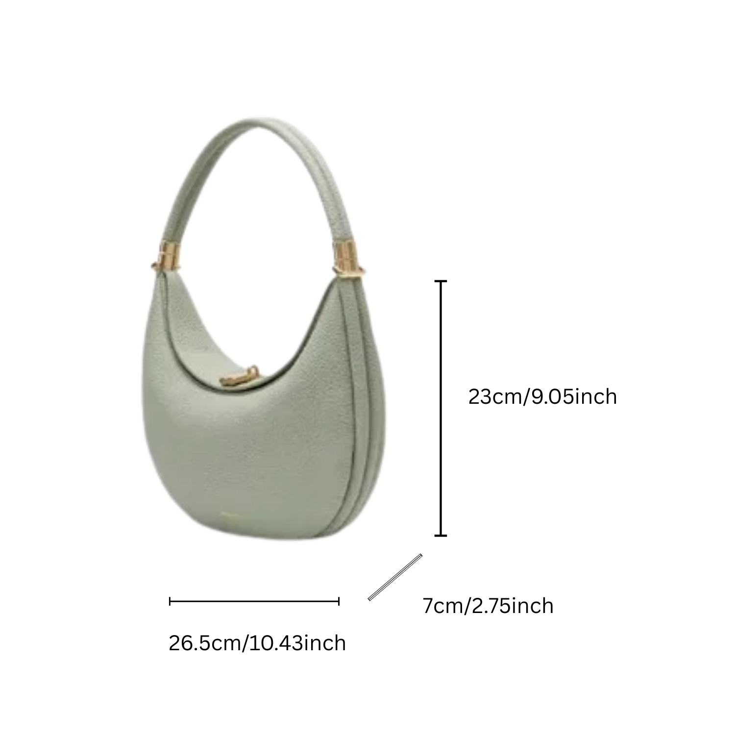 Green handbag with dimensions indicated on a white background