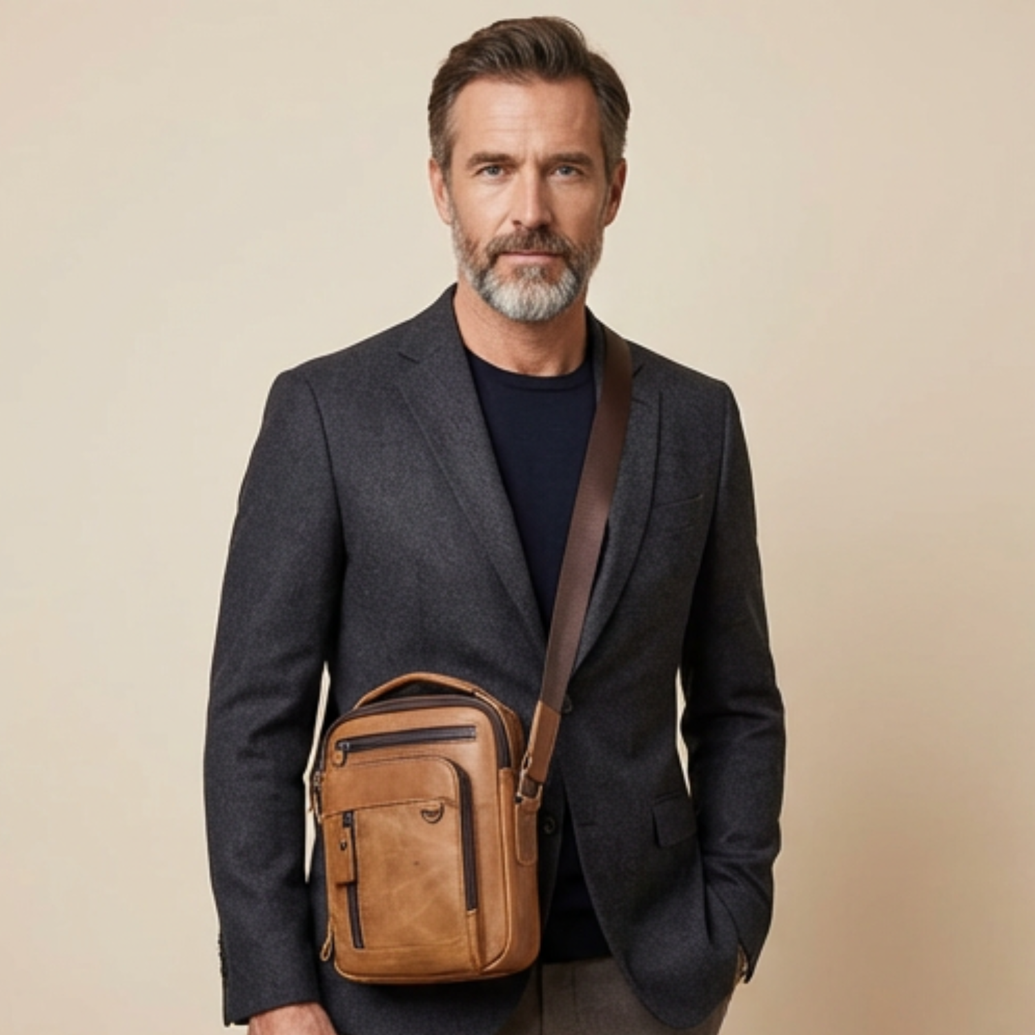 Man wearing a dark gray blazer with a brown leather bag on a beige background