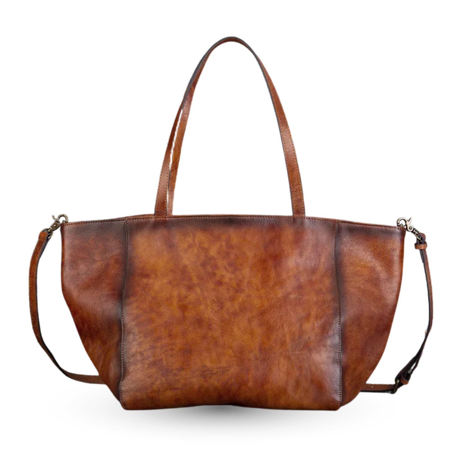 Brown leather handbag with a shoulder strap on a white background
