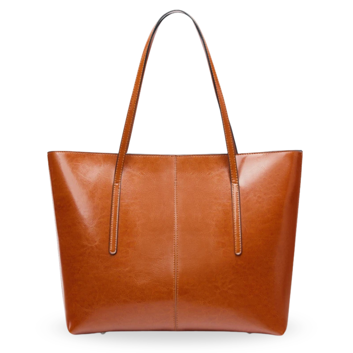 Brown leather tote bag on a white background