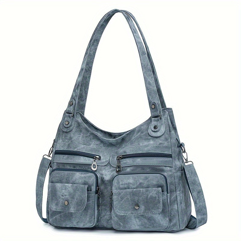 1pc Vintage Style Women's Shoulder Bag with Dual Main Compartments, Faux Leather, Removable Strap, Zip Closure, Polyester Lining, Solid Pattern, for Various Occasions - Available in Black, Beige, Khaki, Grey, Blue